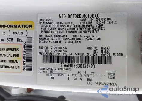 2016 Ford Fusion Se из США, поврежденный, VIN 3FA6P0T98GR126493